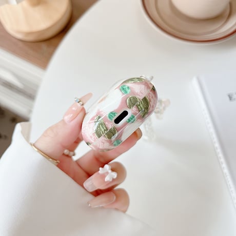 油絵花柄 AirpodsPro2ケース クマストラップ付 airpods3/2/1ケース  綺麗 艶あり 頑丈 ギフトにおすすめ[M3047]