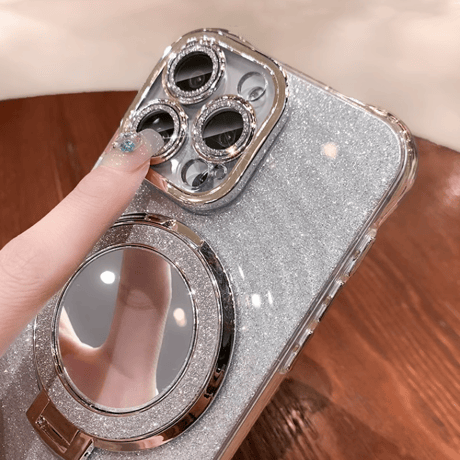 MagSafeリング鏡付 iPhone16/15proケース キラキラスタンド付 iphone14pro/13/12カバー 便利 レンズフイルム付[M4207]