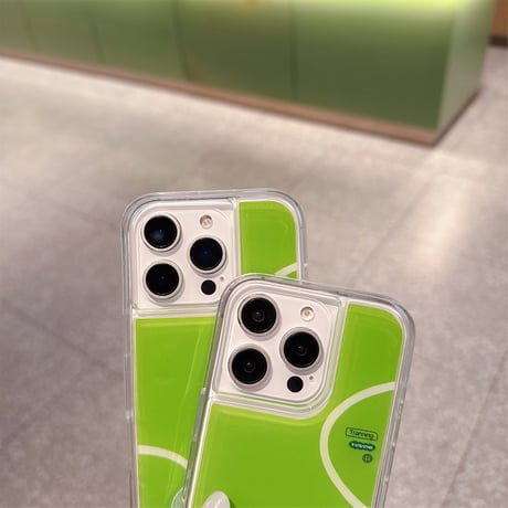 動くテニスボール/ラケット iPhone16/16proケース 液体入り iPhone15/14pro/13promaxカバー グリーン ギフトにおすすめ [M5431]