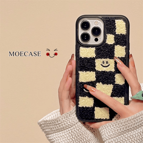 刺繡 にこちゃん iphone16/15Proケース  チェック柄 iPhone14/13/12Proカバー  秋冬人気アイテム 手さわりいい[M3589]