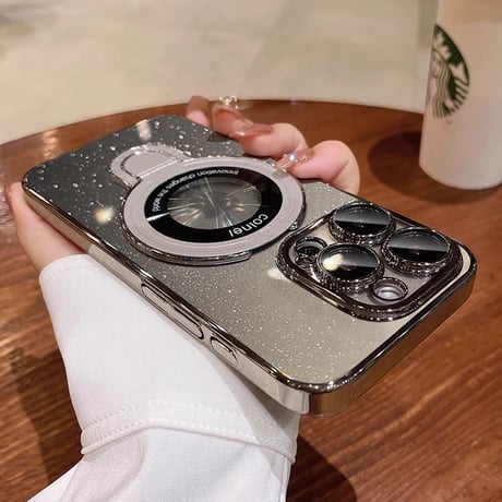 Magsafeスタンド キラキラiPhone17/16Proケース おしゃれ透明 アイフォン15Pro/14pro/13/12カバー 黄ばまないメッキ レンズカバー 丈夫[M4695]