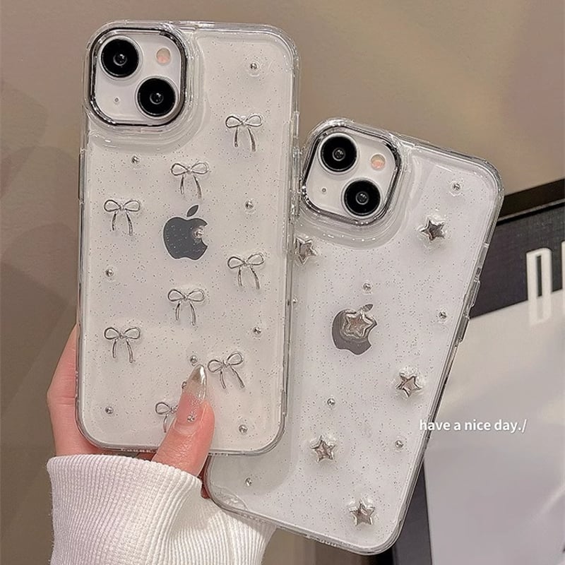 キラキラ リボンiPhone15pro/15promaxケース 星 ラメ入り クリアiphon
