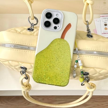 ラメ梨柄 iPhone16/16proケース 可愛い iPhone15/14promax/13カバー キーチェーン 人気 女子力アップ [M5380]