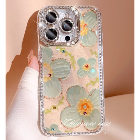 ジュエリーカメラカバースタンド iPhone17/16Proケース 油絵花柄 iPhone15pro/14/13カバー 綺麗 多機能便利[M5586]