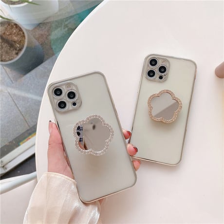 ミラーポップソケット付 iphone12/11ケース  スタンド 透明iphoneXS/SE2カバー  軽量持ちやすい ツヤ感ありファッションM418