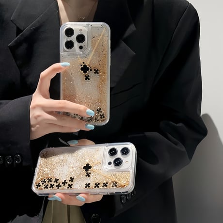 【iPhone15対応】動くグリッター iPhone14/13proケース 四葉のクローバー ネックレス かわいい  [M3471]