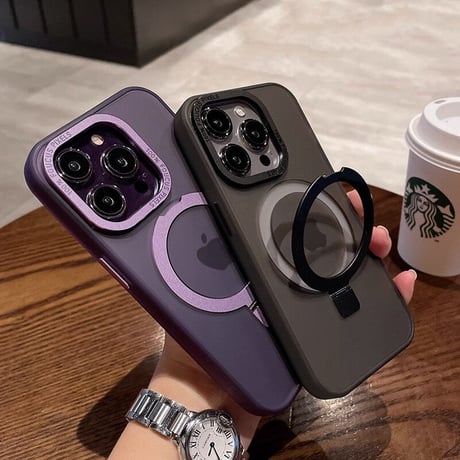 Magsafe対応スタンド iPhone15Pro/15ProMaxケース 指紋防止 マット仕様 耐衝撃 半透明 iPhone14/13/12proカバー [M3556]