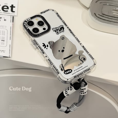 dog 鏡 iPhone15pro/15カバー ストラップ付 アイフォン14pro/13promax/12ケース シック 可愛い[M4330]