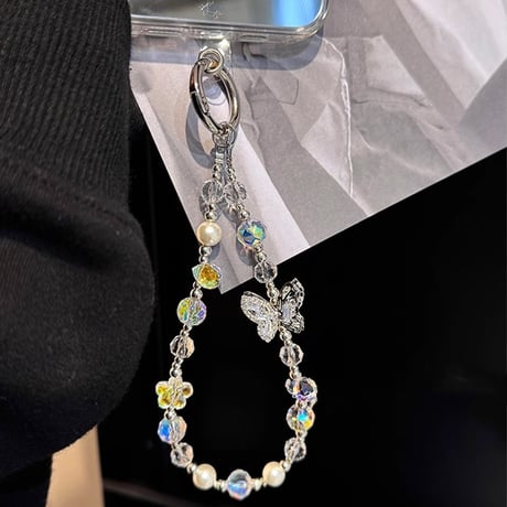 高級感 蝶 スマホストラップ 上品 キラキラ Airpodsアクセサリー キーホルダー 女子力アップ 高級感おしゃれ iphone、AQUOS、Galaxyなど全種類対応 [M5070]