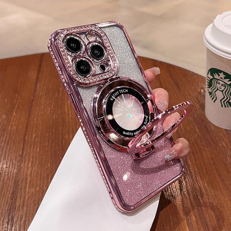 ストーン MagSafeスタンド iPhone15Pro/15ProMaxケース  キラキラ高級感  iPhone14/13Proカバー インナーシート付き[M3694]