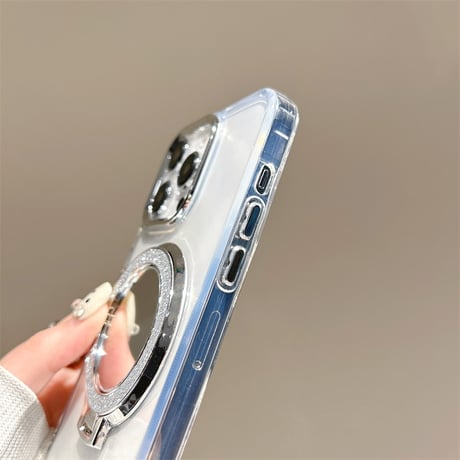 ミラースタンド付 iPhone16/15plusケース 透明 iPhone14promax/13/12proカバー シンプル ラメ入り [M4537]