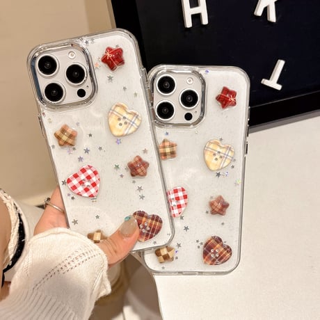 ハートボタン iPhone16/16Proケース ラメ入り 透明 iPhone15/14/13/12Proカバー トレンド 女子力高い [M5024]