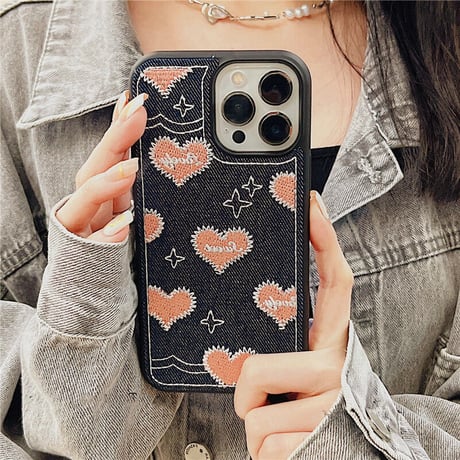 デニム 刺繡 ピンクハート柄 iphone14plus/14proケース  可愛すぎ  iphone13/12/11カバー  高品質  高級感 プレゼントにおすすめ [M2247]