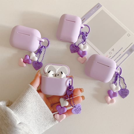 ラベンダー色 Airpods４ケース 充電口カバー付 Airpods3/pro2カバー ハートキーチェーン付 シリコン 丈夫[M5198]