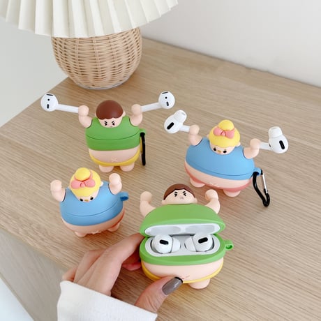 でぶちゃん airpodsケース ウエイトリフティング airpodsproカバー  面白い キーリング付  頑丈ソフトケースM503