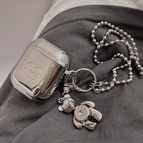 Airpods 4ケース 熊柄 チャーム付 ショルダーチェーン エアポッズPro2/Pro1カバー つや感シルバー Airpods3/2 人気品[M4706]