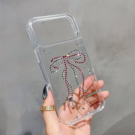 ダイヤリボン iPhone17Pro/17ケース かわいい iPhone17ProMax/16Pro/15カバー 透明 黄ばまない 女子力アップ [M6117]