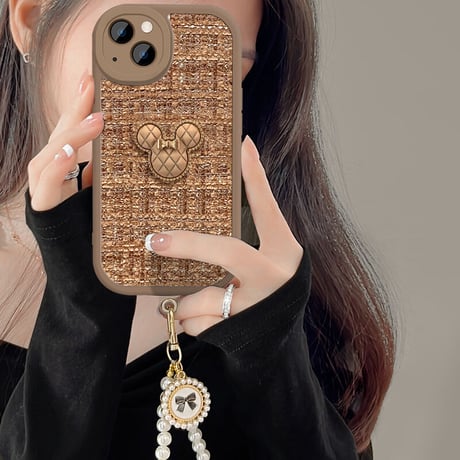 オシャレ iPhone14/14proケース  リボン 真珠ストラップ付アイフォン13/12/11proケース セレブ愛用 ツイード生地 実用 可愛い [M2408]