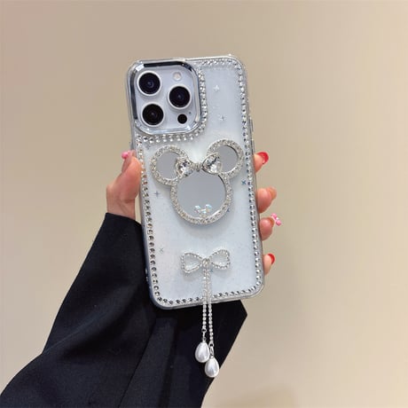ダイヤリボン鏡 アイフォン16/16プロケース ジュエリーデコ iPhone15pro/14/13proカバー 大人可愛い パールストラップ 高級感[M5482]