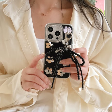 鏡付花 iPhone16pro/16ケース ジュエリー リボンチャーム iphone15pro/14/13proカバー 大人可愛い 女子力高い[M5188]