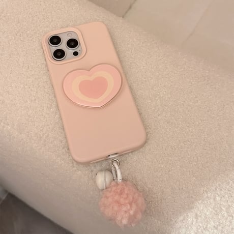 ピンク iPhone16/16Proケース ハートグリップ 毛玉チャーム付 iPhone15Pro/14pro/13/12ケース 大人かわいい[M4762]