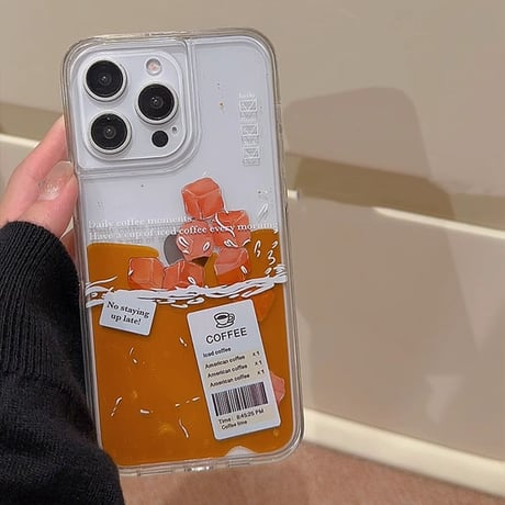 液体コーヒー iPhone15/15proケース 動く氷入り iPhone14/13pro/12クリアケース ストレス発散 頑丈[M4311]