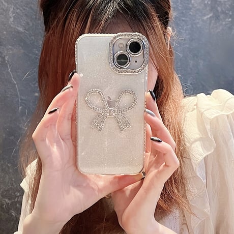 ジュエリーリボン iphone15pro/15ケース  女子力高い アイフォン14/13pro/12/11カバー 可愛い きれい ラメ入り[M4399]