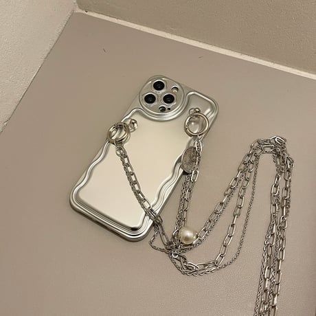シルバーチェーン付き iphone14pro/13ケース 高級感 アイフォン12/11カバー  オシャレ 真珠付き 便利  個性ファッション[M2084]