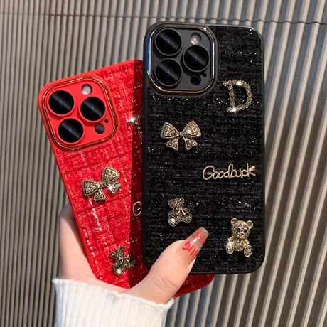 布地 iPhone16/15plusケース  放熱仕様 iPhone14/13proソフトケース カメラ保護 リボン熊ちゃんデコ 秋冬人気[M3618]