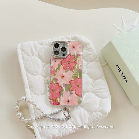 光る花柄 iPhone15/15proケース パールストラップ付 iPhone14pro/13promax/12ケース 可愛い 春夏コーデ[M4111]