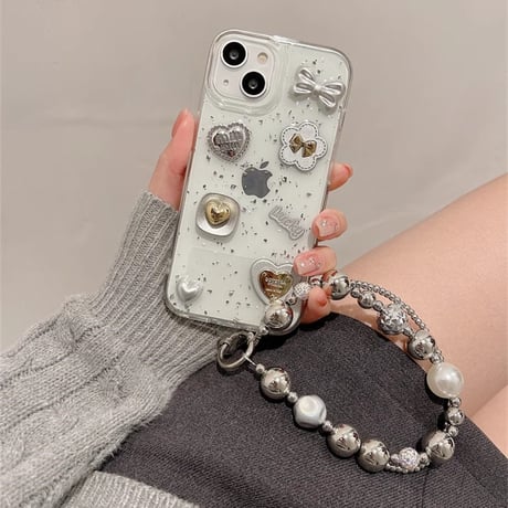リボン/ハートデコ iPhone15/16proケース ストラップ付 グリッター入り iPhone14/13pro/12ケース  かわいい キラキラ[M3867]