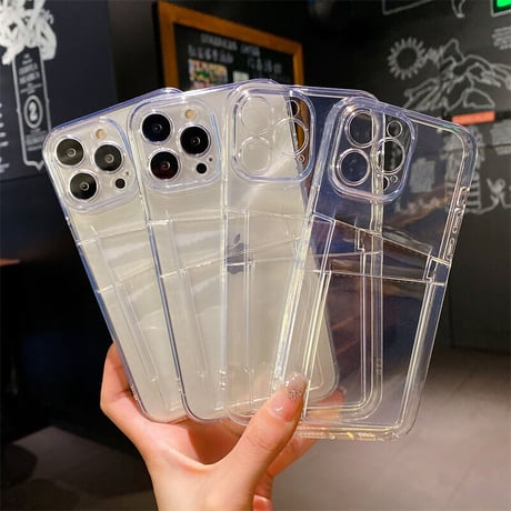 カード入れ2個 iphone15/14promaxケース  クリア iphone13/12/11カバー   シンプルコーデ 可愛い 交通カード/クレジットカードなど収納[M2193]