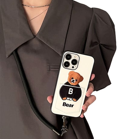カード収納 iphone14Plus/13promaxケース 刺繡入りクマちゃんiphone12mini/11保護カバー  カップルお揃い 皮製 高品質[M2154]