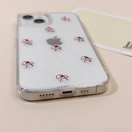レッドリボン iphone16/16proケース  可愛い iphone15pro/14/13proケース ラメ入り 女子力高い [M5040]