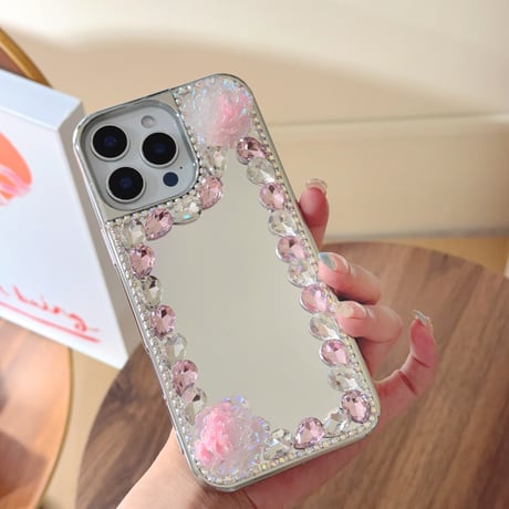 ミラー iPhone16e/16proケース 蝶/花デコ ダイヤ/パール iPhone15promax/14/13カバー おしゃれ シック 女子力高い [M5281]