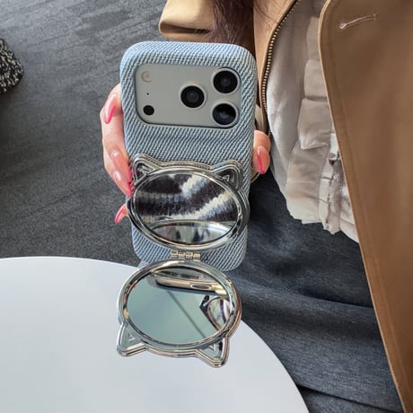 猫耳付ミラー iPhone17/17Proケース スタンド機能 iPhone16Pro/15/14ProMaxケース 高級感皮 頑丈 人気品 便利[M6179]