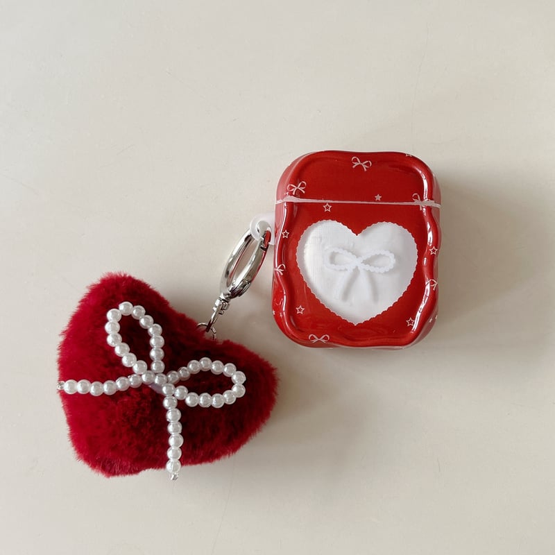 ハート形とリボン柄 AirPods Pro 3ケース ワインレッド 毛玉