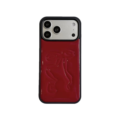 リボン iPhone18Pro/17Proケース レザー レッド/ブラック iPhone17/16Pro/15/14ケース 光沢感 可愛い エレガント[M6650]