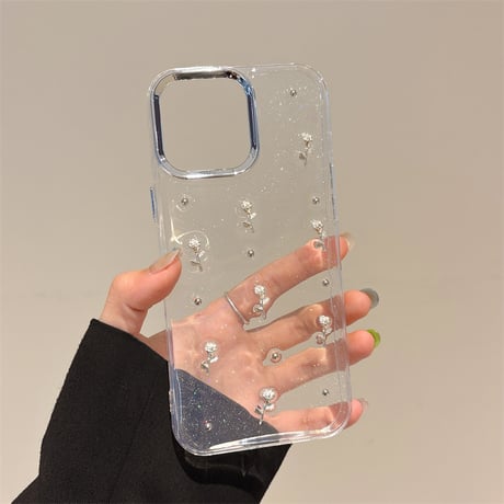 ストラップ付 iPhone16/16Proケース 花/蝶デコ クリア iPhone15Pro/14/13proカバー 可愛い おしゃれ [M4995]