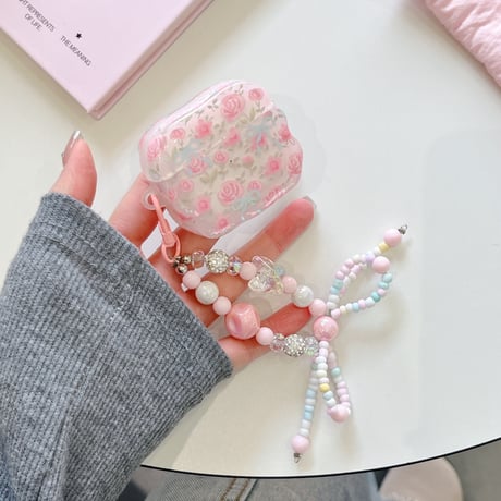 ピンク花柄 Airpods 4ケース リボンキーチェーン付 Airpods3/Pro2ケース airpodsproカバー  大人可愛い ガーリーファッション [M5258]