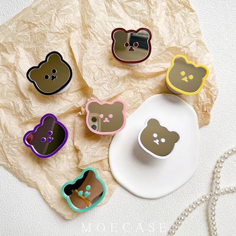 熊ちゃんミラースマホグリップ かわいい キラキラ グリップトーク  伸び縮み式 落下防止 卓上スタンド機能 ギフトにおすすめ[M3270]