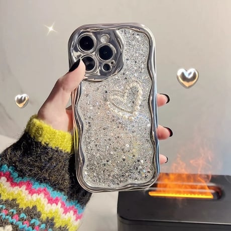 うねうねキラキラ iPhone15/15proケース グリッター入り 真珠ハート iPhone14pro/13/12/11カバー 女子力UP トレンドファッション[M3999]