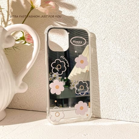 花柄鏡付 iPhone15/15proケース かわいい 丈夫 iPhone14/13mini/12/11カバー 便利 女子力UP [M3993]
