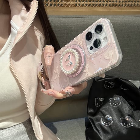 リボン柄 iPhone16pro/16ケース パールとリボングリップ マグネット iPhone15pro/14/13promaxケース かわいい 多機能 女子力UP [M5072]