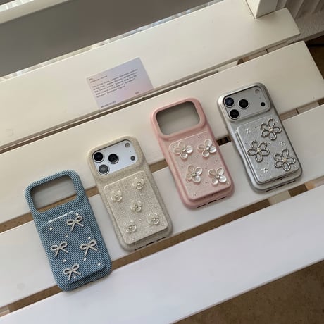 スタンド付ミラー iPhone17/17Proケース リボン/花デコ レザー iPhone17ProMax/16/15/14カバー 高品質 頑丈 上品 オシャレ[M6229]