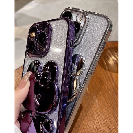 鏡付兎スタンド iPhone15/16proケース キラキラ iPhoneSE第3世代/14/13Proカバー 多機能便利 カメラ保護 [M3527]