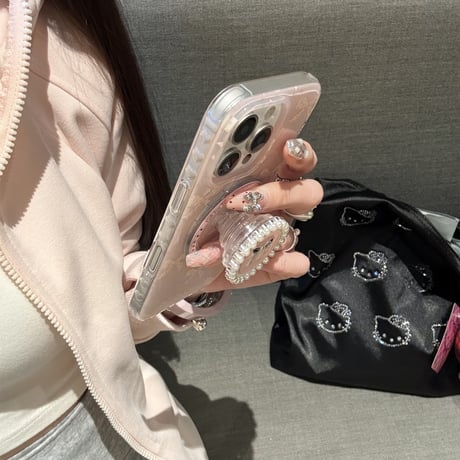 リボン柄 iPhone16pro/16ケース パールとリボングリップ マグネット iPhone15pro/14/13promaxケース かわいい 多機能 女子力UP [M5072]