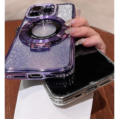 ストーン MagSafeスタンド iPhone15Pro/15ProMaxケース  キラキラ高級感  iPhone14/13Proカバー インナーシート付き[M3694]