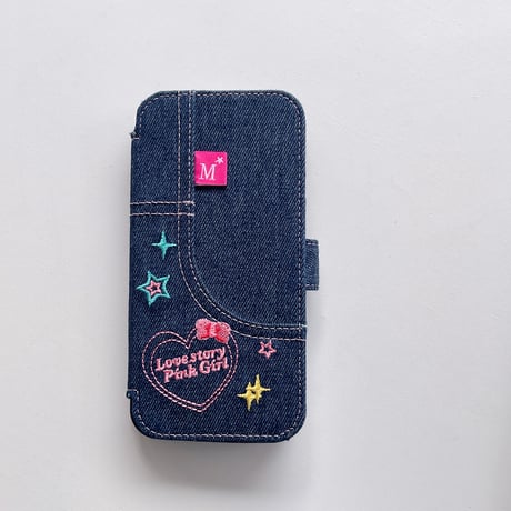 デニム手帳型 iphone14/13proケース 刺繡入り アイフォン12/11カバー シック 女子力アップ ハートアクセサリー付[M3378]