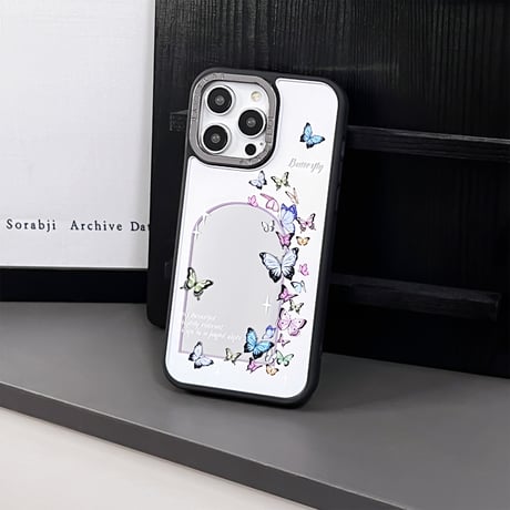 シック 鏡iPhone15pro/15カバー 蝶柄 アイフォン14pro/13promax/12ケース 夏に人気 エレガント[M4414]